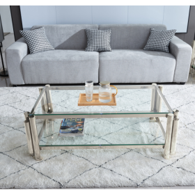 50 Wide Rectangle Modern Stainless Steel Coffee Table, Double-Layer Clear Tempered Glass Coffee Table, Center Table With Storage, For Living Room Home