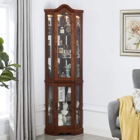 Corner Curio Cabinet With Lights, Adjustable Tempered Glass Shelves, Mirrored Back, Display Cabinet,
