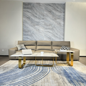 Modern Rectangular Coffee Table Set With Sintered Stone Top, Gold Metal Frame, For Bedroom, Living Room