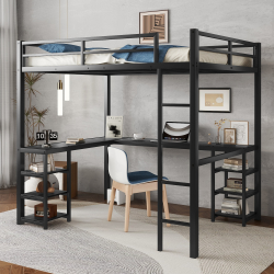 Full Metal Loft Bed With Desk And Shelves, Loft Bed With Ladder And Guardrails, Loft Bed Frame For Bedroom, Black With Black Desk