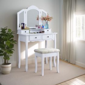 Wooden Dressing Table And Stool Set, White