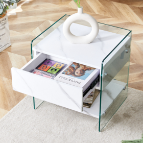 Bedside Table With Drawers. The Board Surface Is MDF Sticker, And Both Sides Are Transparent Tempered Glass. The Design Is Simple And Elegant, With Ex
