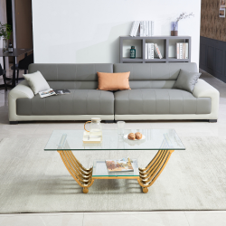 47 Rectangle Modern Stainless Steel Coffee Table, Double-Layer Clear Tempered Glass Coffee Table, Center Table Table With Storage, For Living Room Hom