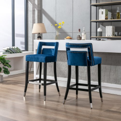 Suede Velvet Barstool With Nailheads Dining Room Chair2 Pcs Set - 30 Inch Seater Height (Color: Navy blue)