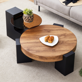 Modern Simple Double-Layer Round Coffee Table - Transparent Gray Glass Top With Black MDF L-Shaped Legs.The Detachable Design Can Make The Use Of Spac (Option: BlackWood)