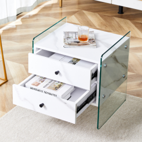 Double-drawer Bedside Table. The Board Surface Is MDF Sticker, And Both Sides Are Transparent Tempered Glass. The Design Is Simple And Elegant, With E (Color: White)