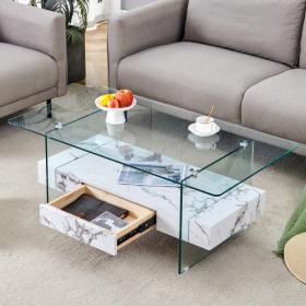 43.3 Inch Modern Two-Tier Coffee Table - Clear Tempered Glass And Natural Wood Grain, Multifunctional Storage Design.The Bottom Tier Includes A Drawer (Option: Ransparent White)