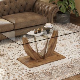 Modern Minimalist Transparent Tempered Glass Coffee Table With Marble Patterned MDF Legs And Stainless Steel Decorative Columns. Computer Desk. Game T (Option: Wood)