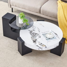 Modern Simple Double-Layer Round Coffee Table - Transparent Gray Glass Top With Black MDF L-Shaped Legs.The Detachable Design Can Make The Use Of Spac (Option: White Black)