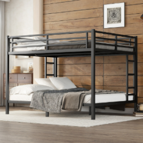Metal Queen Over Queen Bunk Bed For Teens And Adults,Space Saving Noise Reduced No Box Spring Needed, Black (Color: Black)