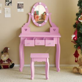 FCH Kids Vanity Set with Mirror and Lights and Stool, 5 Storage Drawers (Color: as picture)