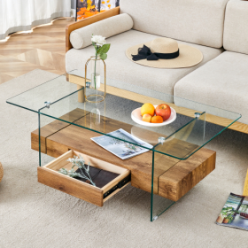 43.3 Inch Modern Two-Tier Coffee Table - Clear Tempered Glass And Natural Wood Grain, Multifunctional Storage Design.The Bottom Tier Includes A Drawer (Option: Natural Wood)