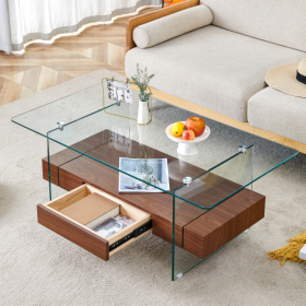 43.3 Inch Modern Two-Tier Coffee Table - Clear Tempered Glass And Natural Wood Grain, Multifunctional Storage Design.The Bottom Tier Includes A Drawer (Option: Transparent Wood)
